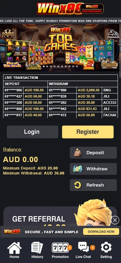 Winx96 Casino mobile browser experience with access to casino games