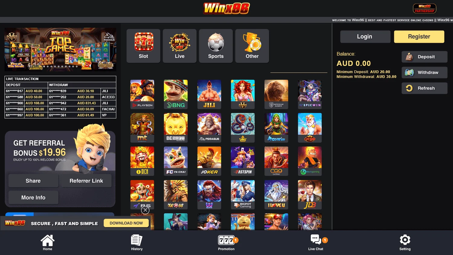 Winx96 Casino home screen with the AUD casino offer and game access