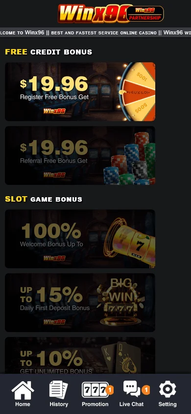 Winx96 Casino mobile promotions screen with welcome and deposit bonus details