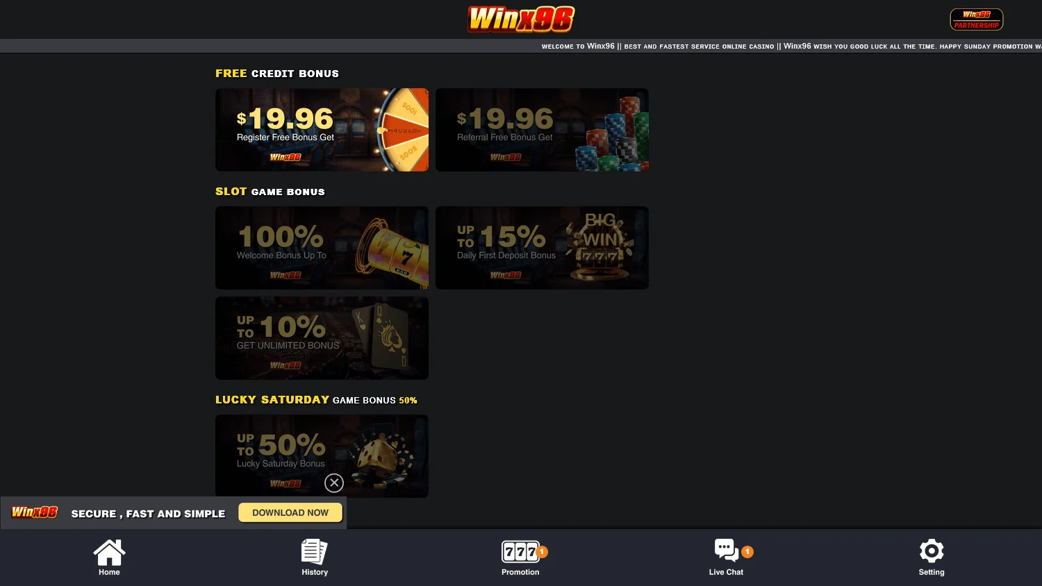 Winx96 Casino promotions screen with the $19.96 free credit and welcome bonus